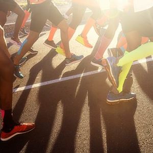 colourful running shoes in a race